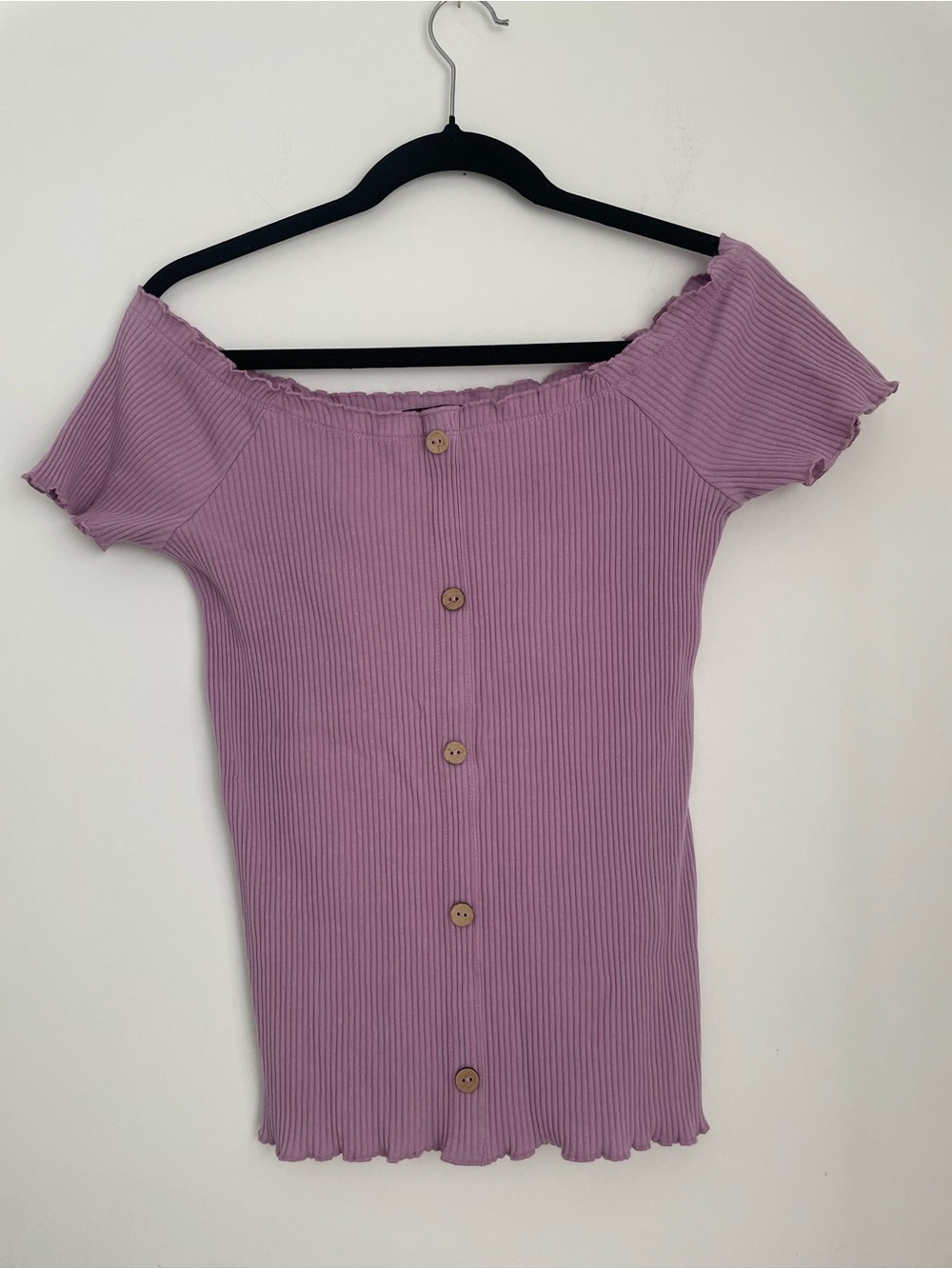Lavender Off-Shoulder Ribbed Button-Front Top size 1X runs small